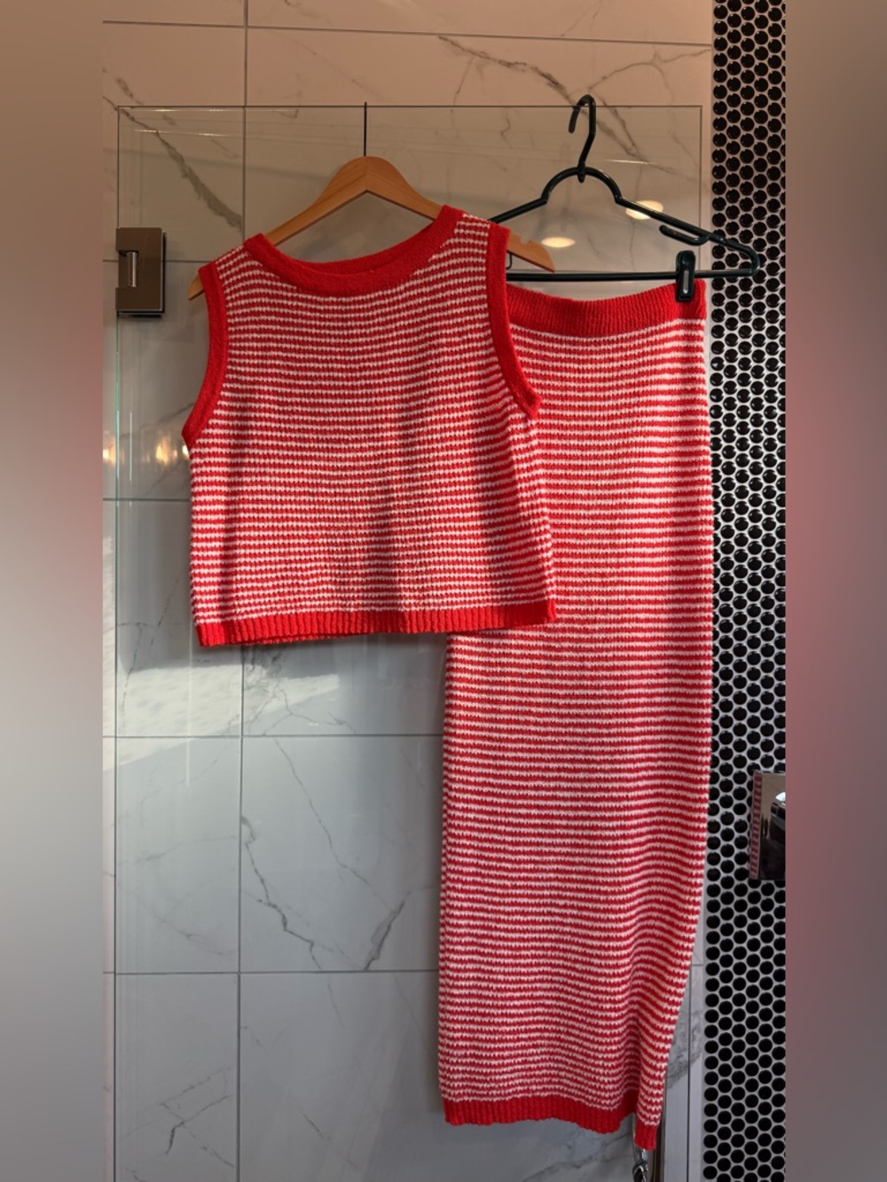 Women’s Red & White Striped Knit Skirt Set purchased in April 2026